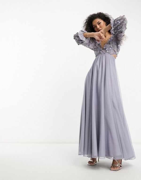 エイソス レディース ワンピース トップス ASOS DESIGN embellished wrap front tulle skirt midaxi dress with floral detail in lilac