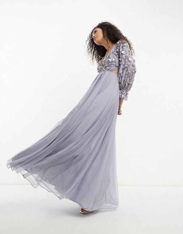 エイソス レディース ワンピース トップス ASOS DESIGN embellished wrap front tulle skirt midaxi dress with floral detail in lilac