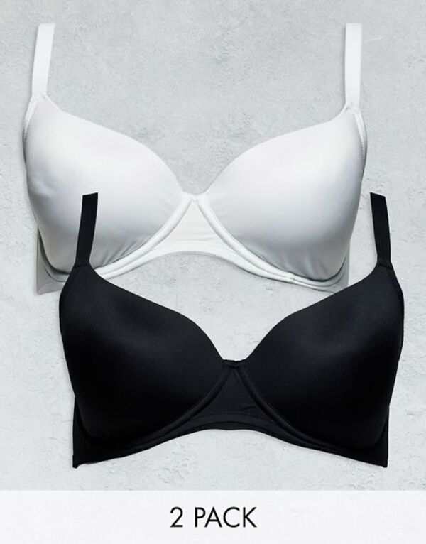 エイソス レディース ブラジャー アンダーウェア ASOS DESIGN Curve 2 pack microfibre moulded t-shirt bra in black & white Black & W