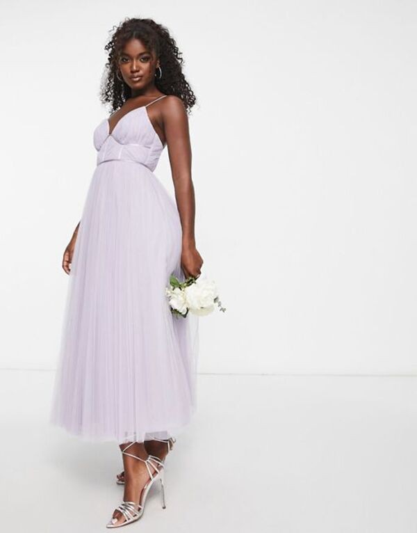 エイソス レディース ワンピース トップス ASOS DESIGN Bridesmaid cami ruched bodice midi dress with pleated skirt in lilac Lilacの通販は