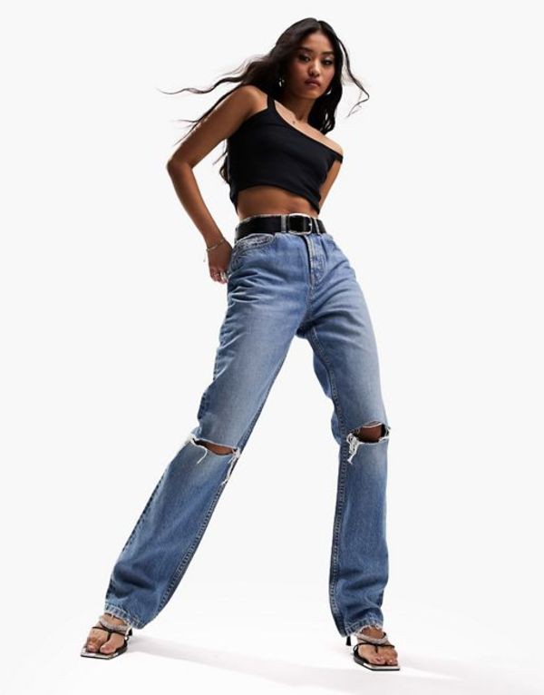 エイソス レディース デニムパンツ ボトムス ASOS DESIGN 90s straight jeans in mid blue with knee rips Mid blue