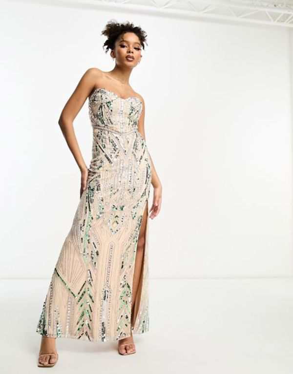 エイソス レディース ワンピース トップス ASOS DESIGN embellished sequin bandeau maxi dress in beige and mint Beige