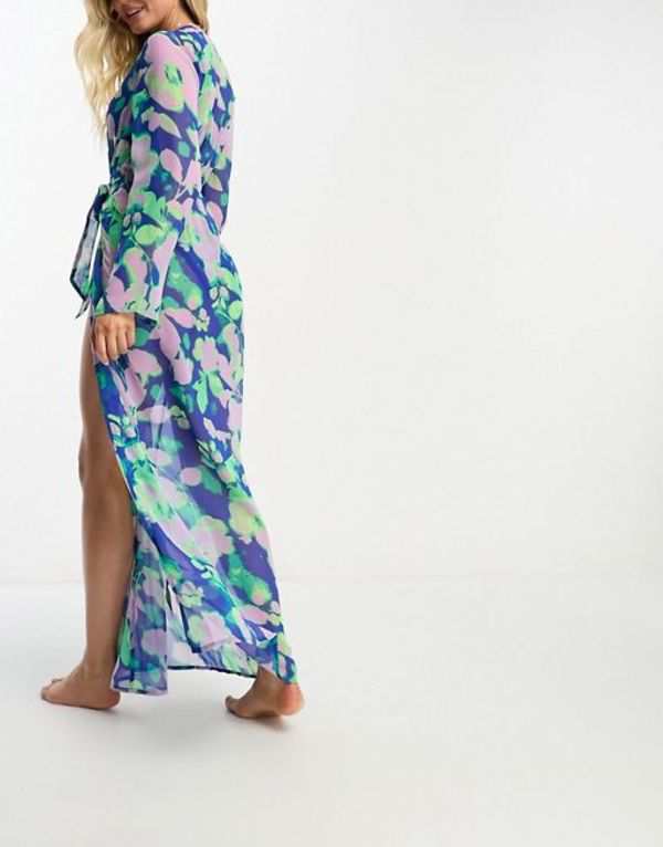 エイソス レディース シャツ トップス ASOS DESIGN tie front beach maxi beach kimono in heatmap floral print Floral Print