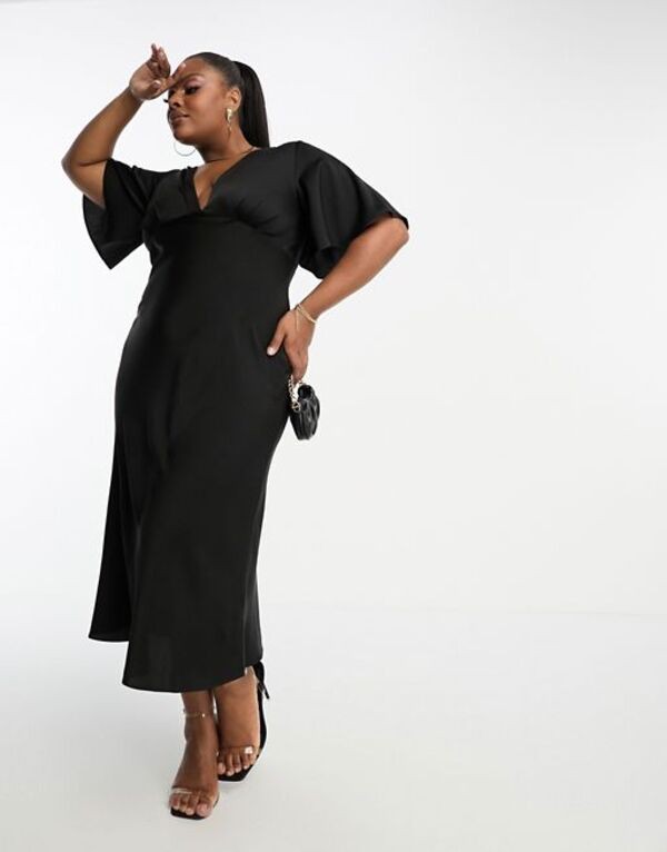 エイソス レディース ワンピース トップス ASOS DESIGN Curve exclusive satin flutter sleeve midi dress in black Black