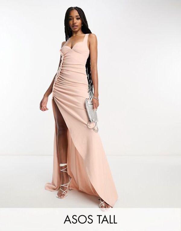 エイソス レディース ワンピース トップス ASOS DESIGN Tall premium one shoulder button maxi dress in blush Blush