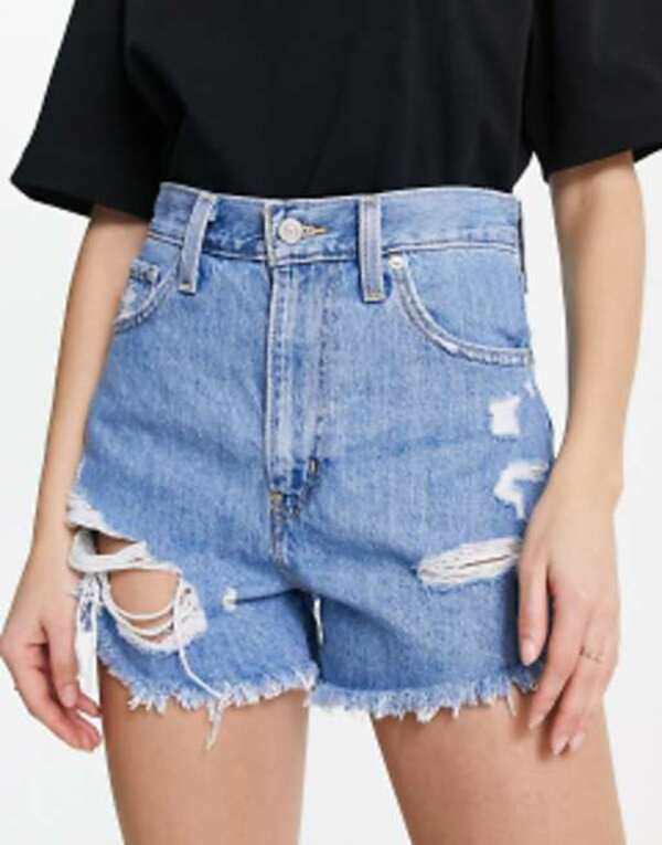 リーバイス レディース ハーフパンツ・ショーツ ボトムス Levi's high waisted distressed mom shorts in light wash blue LET IT BE FUN