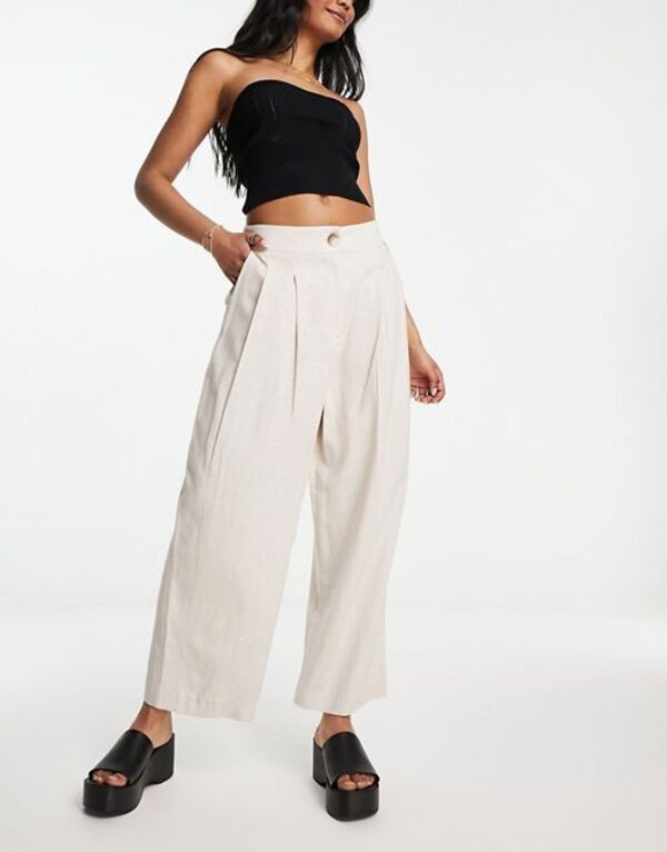 エイソス レディース カジュアルパンツ ボトムス ASOS DESIGN pleated tapered pants with linen in stone Stone