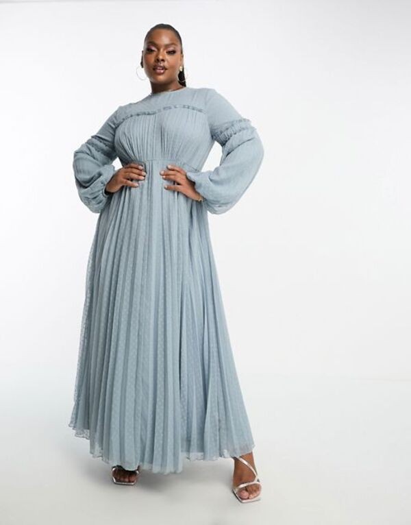 エイソス レディース ワンピース トップス ASOS DESIGN Curve textured chiffon pleat maxi dress with frill seam detail in pale blue