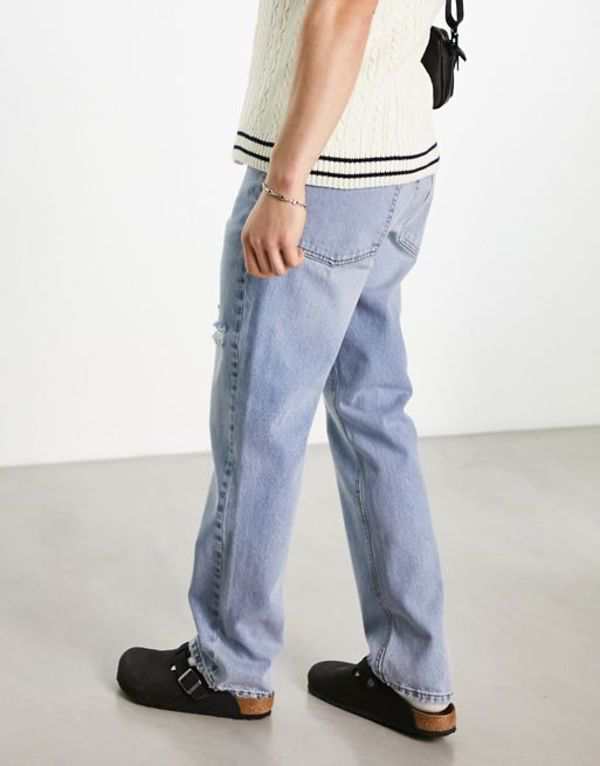 エイソス メンズ デニムパンツ ボトムス ASOS DESIGN straight leg jeans with rips and abrasions  in mid wash blue Midwash blue