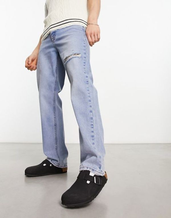 エイソス メンズ デニムパンツ ボトムス ASOS DESIGN straight leg jeans with rips and abrasions  in mid wash blue Midwash blue