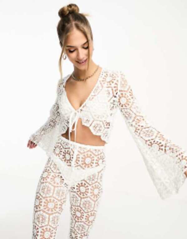 エイソス レディース シャツ トップス ASOS DESIGN long sleeve crochet top with tie front in white - part of a set WHITE