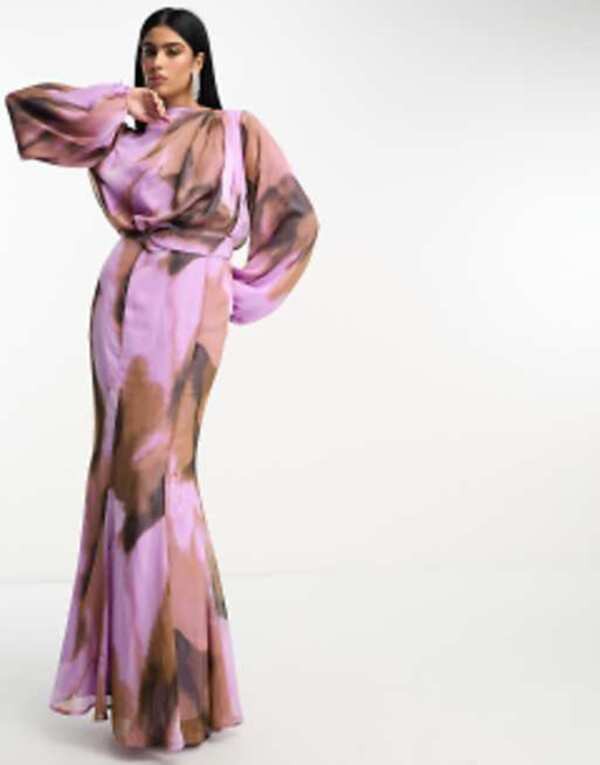 エイソス レディース ワンピース トップス ASOS DESIGN high neck drape maxi dress in abstract purple and brown print Abstract print