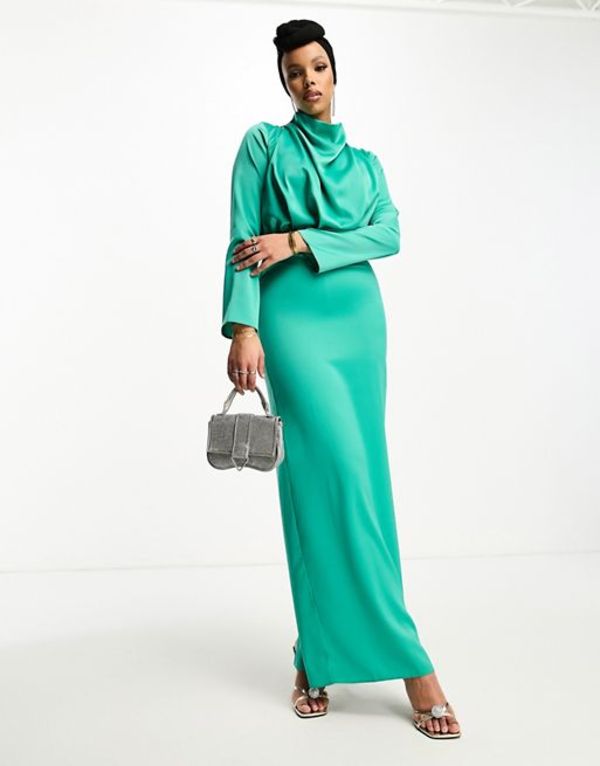 エイソス レディース ワンピース トップス ASOS DESIGN Modest satin high neck pleat detail maxi dress with long sleeves in jewel gr
