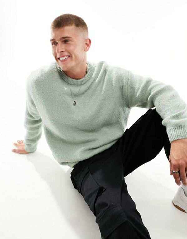 エイソス メンズ ニット・セーター アウター ASOS DESIGN oversized knit fluffy crew neck sweater in sage green SAGE GREEN