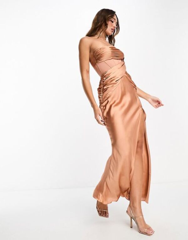 エイソス レディース ワンピース トップス ASOS DESIGN satin draped bandeau bias maxi dress with corset detail in tan TAN