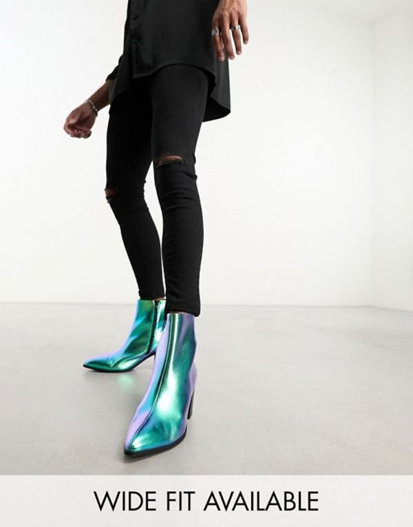 エイソス メンズ ブーツ・レインブーツ シューズ ASOS DESIGN heeled chelsea boot in blue mirror faux leather Multi