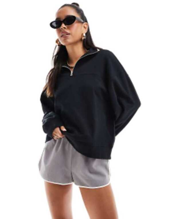 エイソス レディース パーカー・スウェット アウター ASOS DESIGN half zip sweatshirt in black - part of a set Black