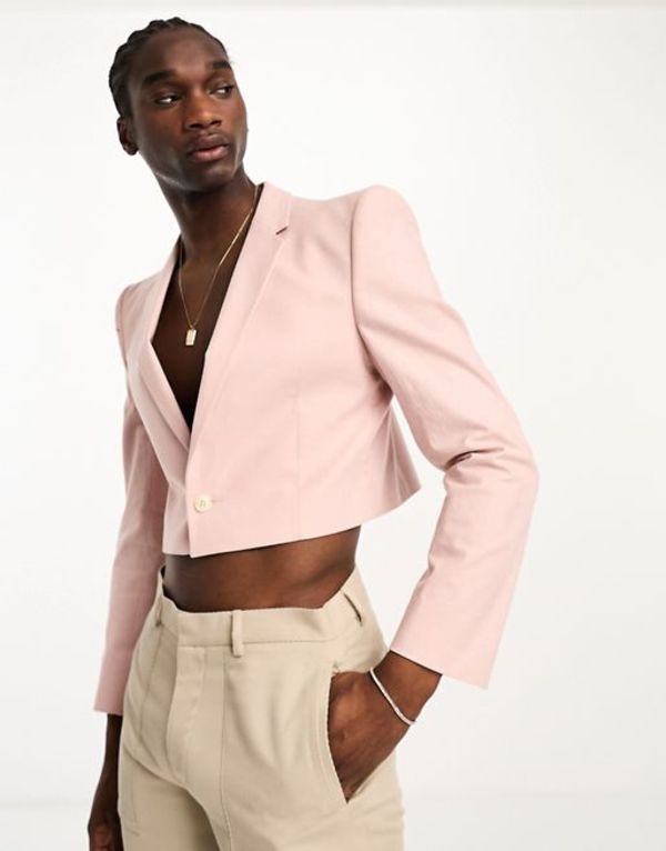 エイソス メンズ ジャケット・ブルゾン アウター ASOS DESIGN cropped linen mix blazer with square shoulder in pink Pastel pink