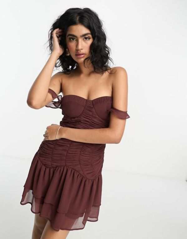 エイソス レディース ワンピース トップス ASOS DESIGN shirred corset detail mini dress with frill hem in burgundy Burgundyの通販は