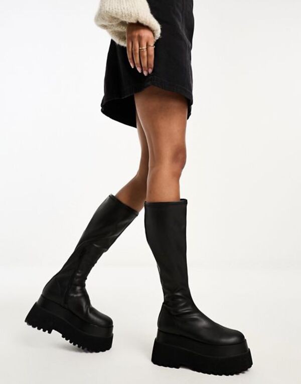 エイソス レディース ブーツ・レインブーツ シューズ ASOS DESIGN Conspire flat chunky knee boots in black Black