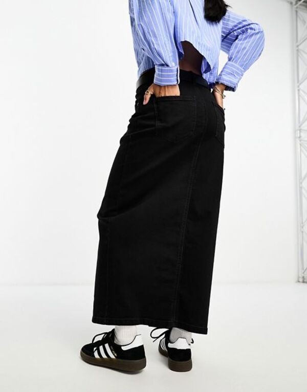 エイソス レディース スカート ボトムス ASOS DESIGN Petite denim maxi skirt with split hem in washed black WASHED BLACK