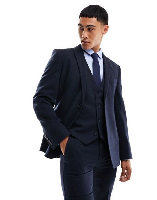 エイソス メンズ ジャケット・ブルゾン アウター ASOS DESIGN wedding skinny wool mix suit jacket in navy basketweave texture NAVY