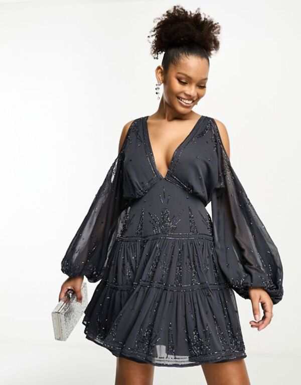 エイソス レディース ワンピース トップス ASOS DESIGN cold shoulder embellished tiered mini dress in dark gray CHARCOAL