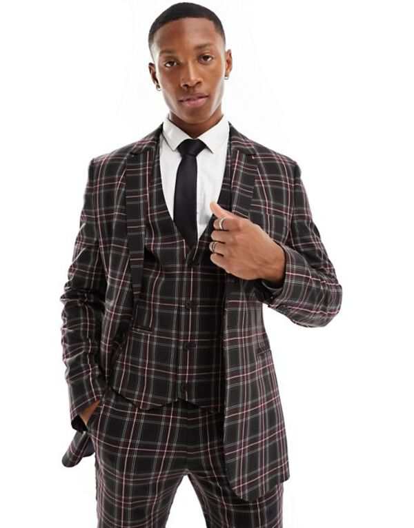 エイソス メンズ ジャケット・ブルゾン アウター ASOS DESIGN super skinny suit jacket in navy with tartan check NAVY