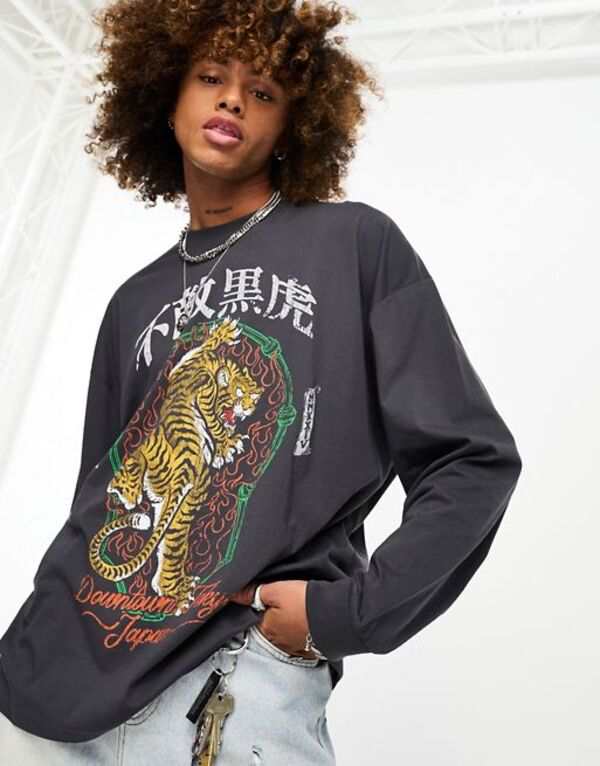 エイソス メンズ Tシャツ トップス ASOS DESIGN oversized long sleeve T-shirt in black with  front souvenir tiger print Black｜au PAY マーケット