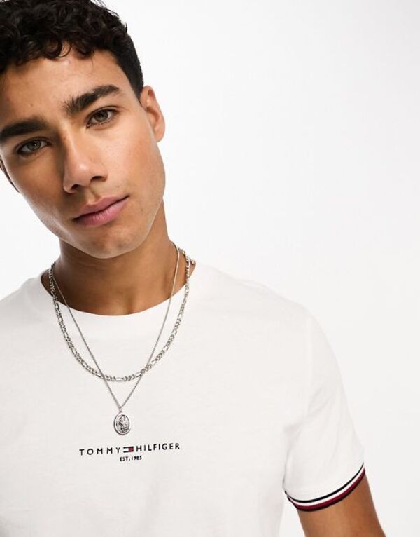トミー ヒルフィガー メンズ Tシャツ トップス Tommy Hilfiger tommy logo tipped t-shirt in white Whiteの通販は