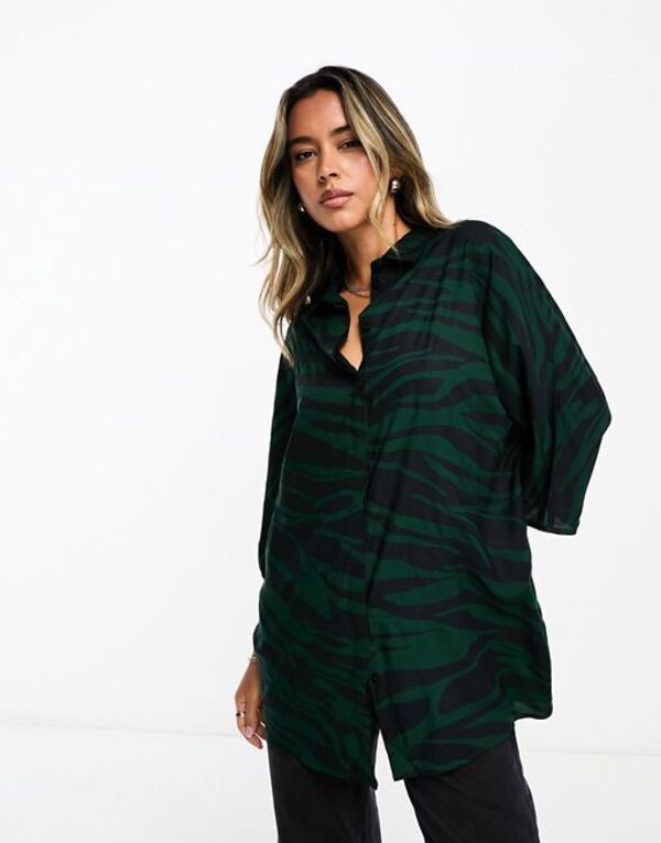 エイソス レディース シャツ トップス ASOS DESIGN oversized long sleeve shirt in green zebra print MONO