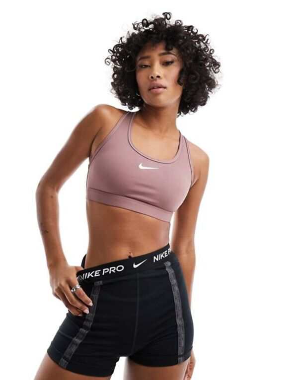 ナイキ レディース ブラジャー アンダーウェア Nike Training mini swoosh medium support sports bra in smokey mauve STONE