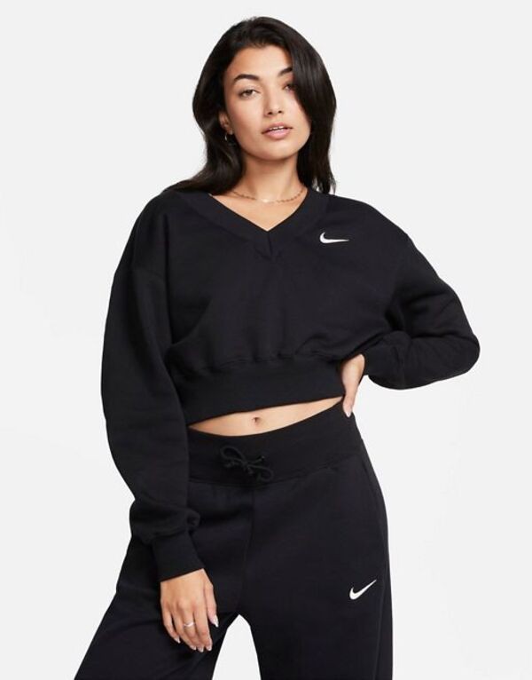 ナイキ レディース パーカー・スウェット アウター Nike mini swoosh v-neck cropped sweatshirt in black Black