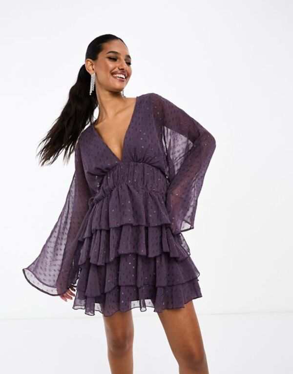 エイソス レディース ワンピース トップス ASOS DESIGN metallic textured chiffon mini dress with rara skirt and flared sleeves in pの通販は