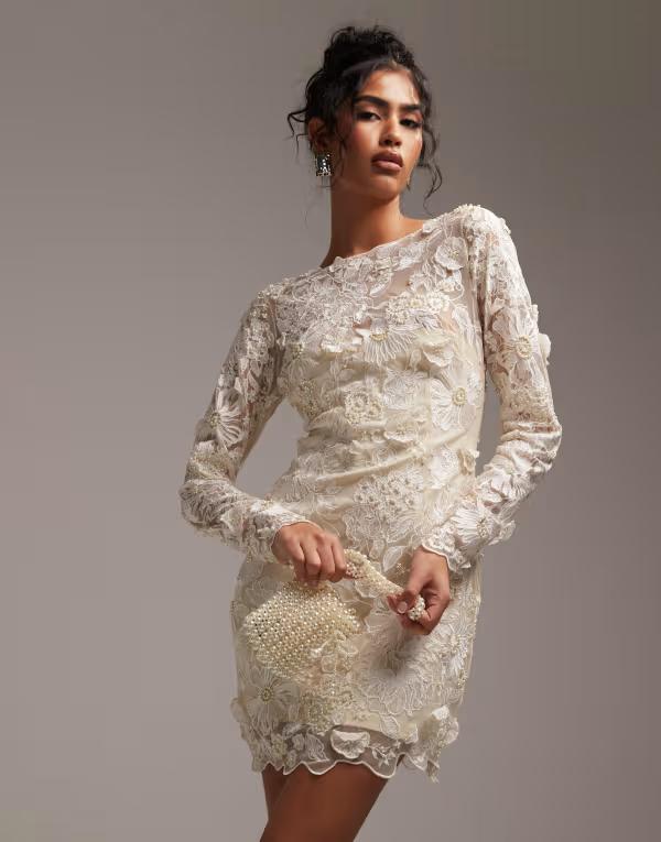 エイソス レディース ワンピース トップス ASOS DESIGN long sleeve embroidered mini wedding dress in cream Cream