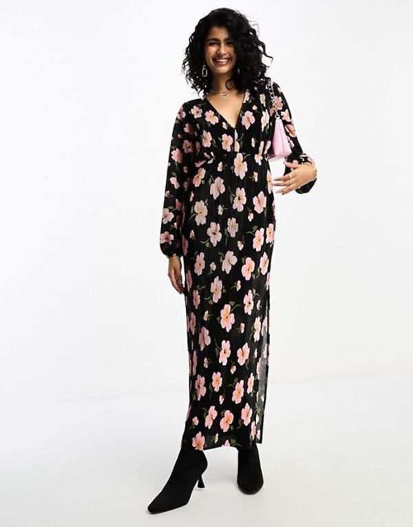 エイソス レディース ワンピース トップス ASOS DESIGN long sleeve batwing midi dress with tie back in black base rose Black rose pの通販は