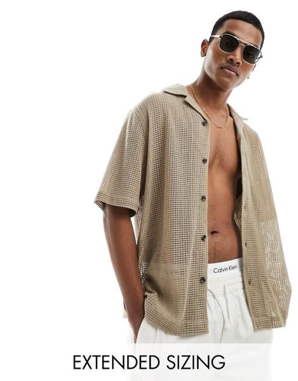 エイソス メンズ シャツ トップス ASOS DESIGN short sleeve relaxed revere collar cotton shirt in beige BEIGE