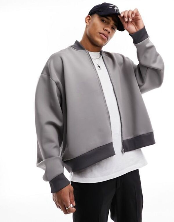 エイソス メンズ ジャケット・ブルゾン アウター ASOS DESIGN oversized bomber jacket in scuba in gray Mockingbird