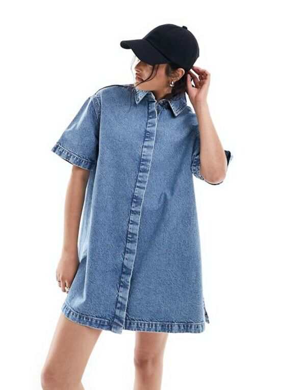 エイソス レディース ワンピース トップス ASOS DESIGN short sleeve denim shirt dress in midwash blue MID BLUEの通販は