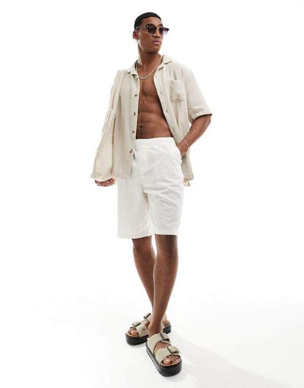 エイソス メンズ ハーフパンツ・ショーツ ボトムス ASOS DESIGN linen shorts with elastic waist in black Whiteの通販は
