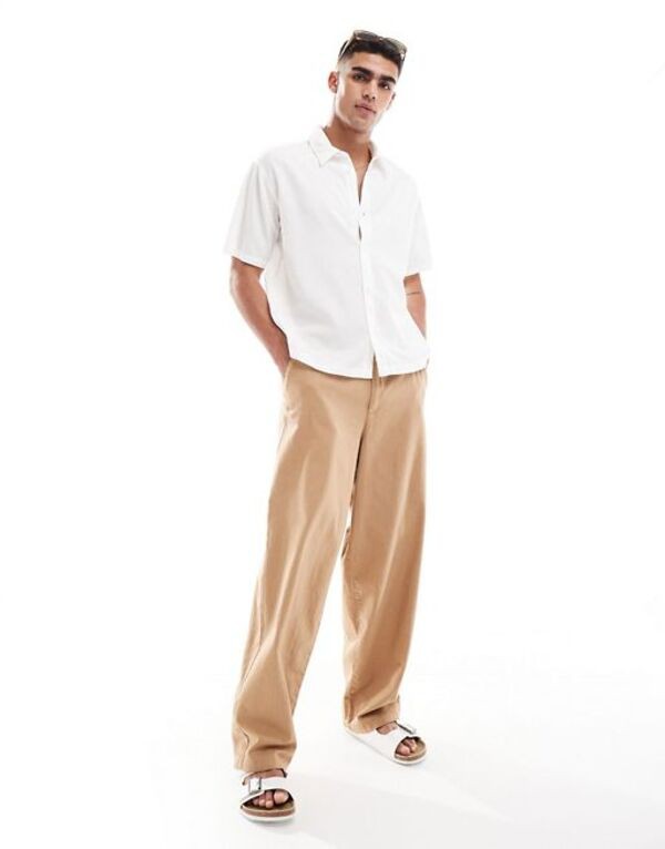 エイソス メンズ カジュアルパンツ ボトムス ASOS DESIGN wide linen mix chino pants in brown Brownの通販は