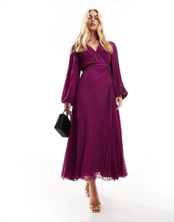 エイソス レディース ワンピース トップス ASOS DESIGN pleated textured chiffon wrap button detail maxi dress in magenta purple Mag