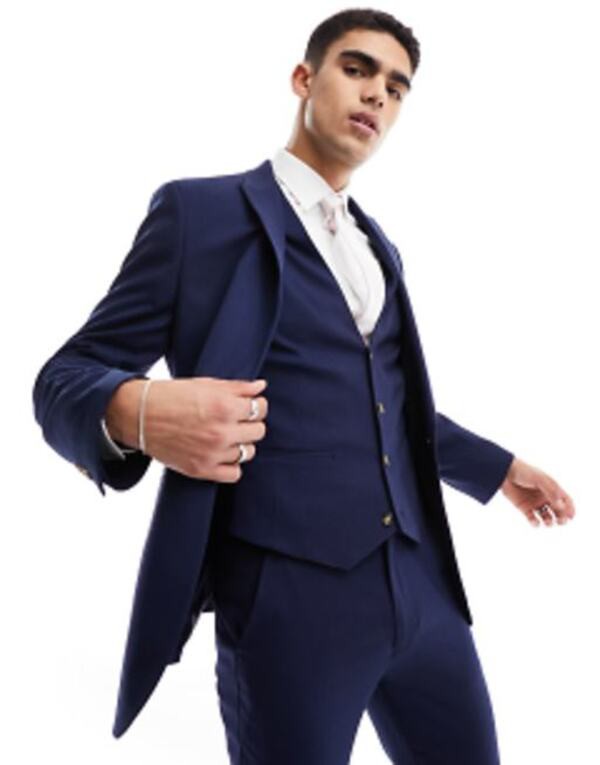 エイソス メンズ ジャケット・ブルゾン アウター ASOS DESIGN Wedding skinny suit vest in navy microtexture NAVY