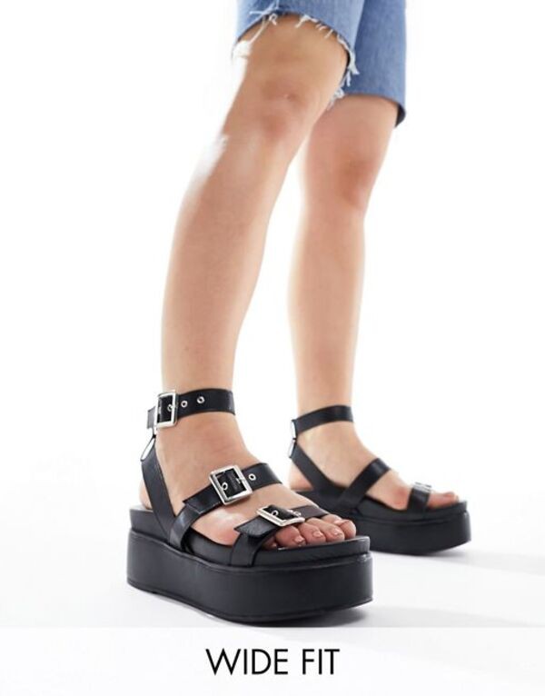 エイソス レディース サンダル シューズ ASOS DESIGN Wide Fit Trombone chunky buckle detail flatforms in black Black