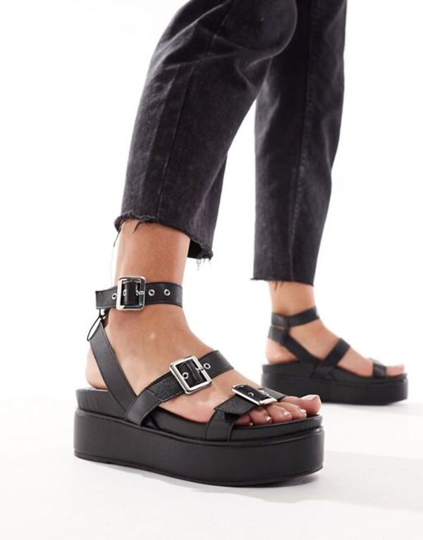 エイソス レディース サンダル シューズ ASOS DESIGN Trombone chunky buckle detail flatforms in black Black