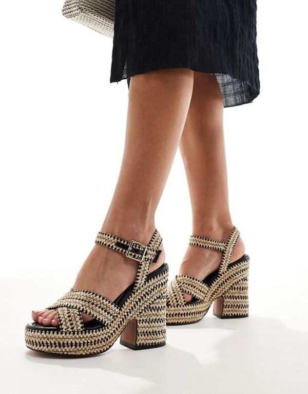 エイソス レディース サンダル シューズ ASOS DESIGN Twiggy cross strap wedges in black and natural raffia BLACK/NATURAL WEAVE