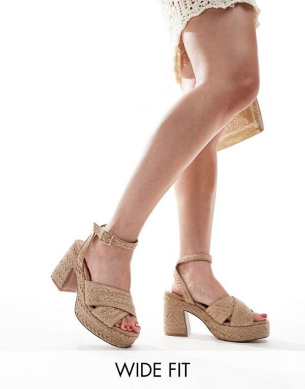 エイソス レディース サンダル シューズ ASOS DESIGN Wide Fit Henderson cross strap mid heeled platform sandals in natural fabricat