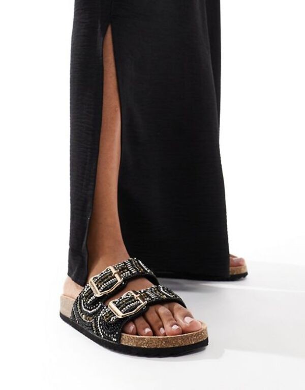 エイソス レディース サンダル シューズ ASOS DESIGN Funky beaded double strap flat sandals in black Black