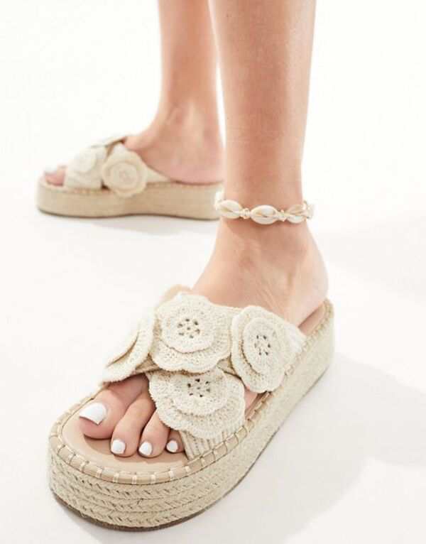 エイソス レディース サンダル シューズ ASOS DESIGN Jasmina cross-strap flatform espadrilles with crochet flowers Natural crochet