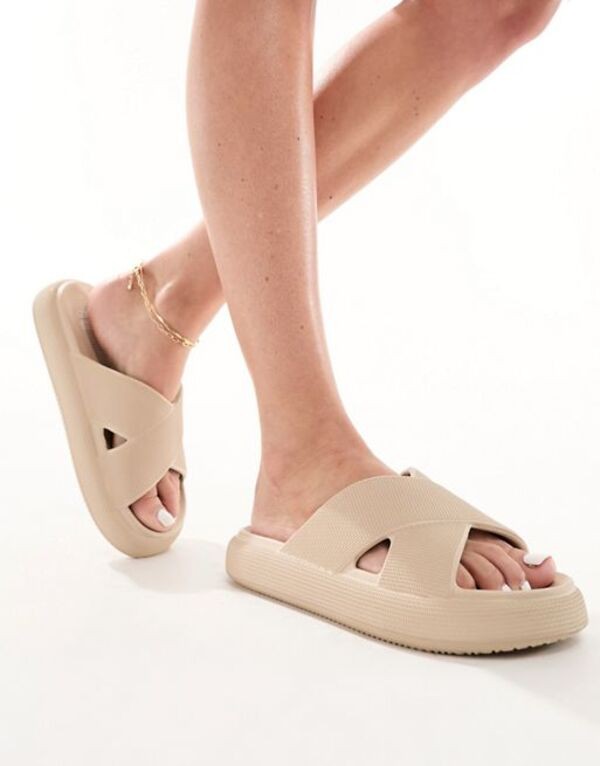 エイソス レディース サンダル シューズ ASOS DESIGN Forever cross-strap chunky sliders in beige BEIGE